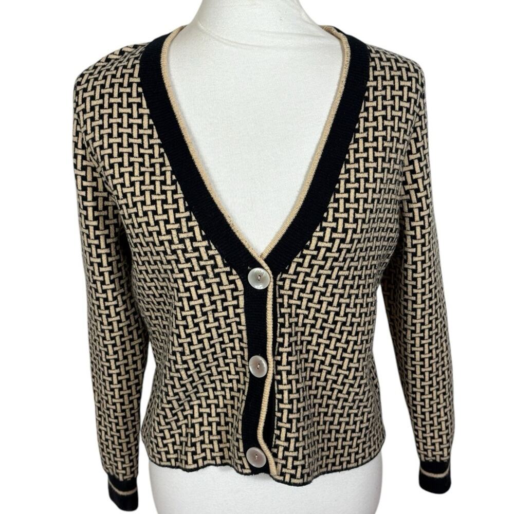 Ady P Herringbone Tan and Black Classic V Neck Cardigan Size M